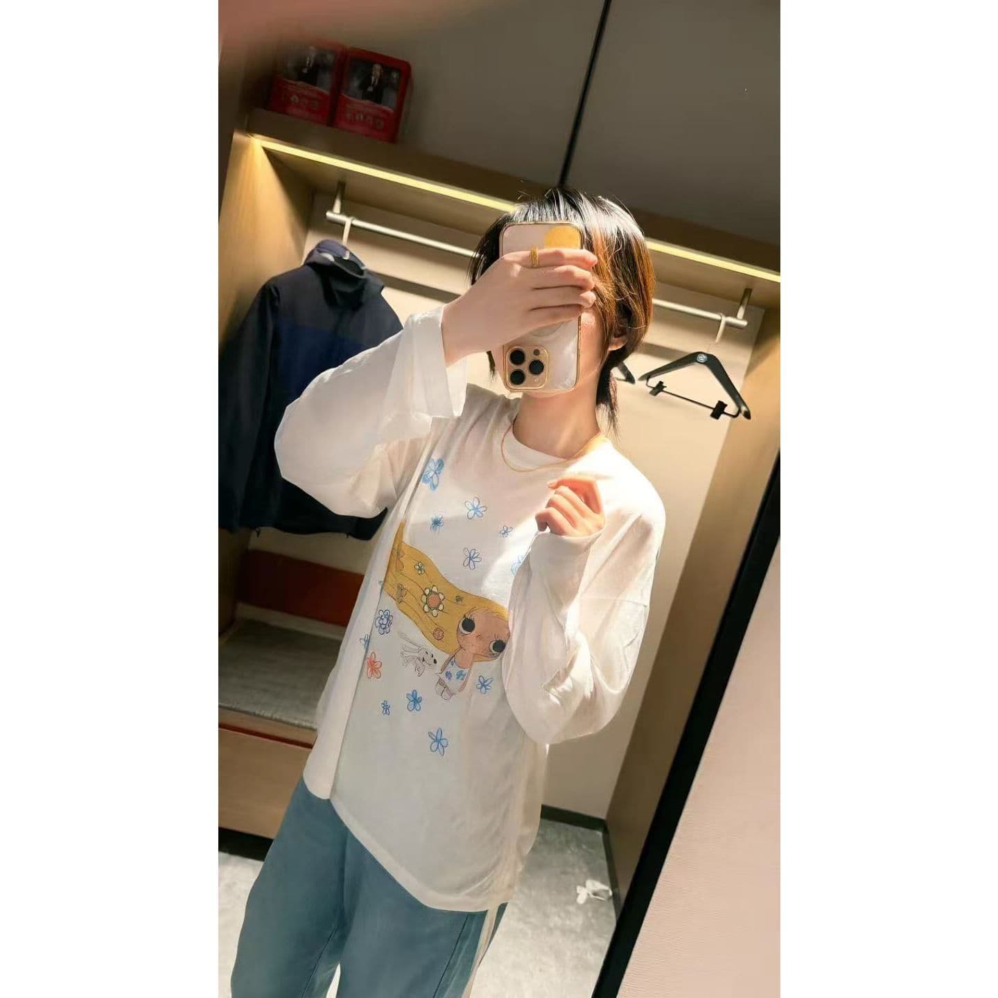 65 면 눈꽃 면 느슨함 센스 만화 프린트 긴팔 티셔츠 여성 여름 느긋한 얇은 스타일 자외선 차단 블라우스 맨위 상세 이미지 5