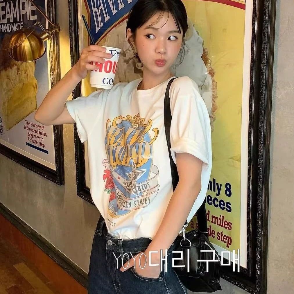 95 면 2026 새로운 다용도 루즈핏 패션 트렌드 캐주얼 라운드 넥 프린트 반팔 티셔츠 여성 셔츠 이미지 4