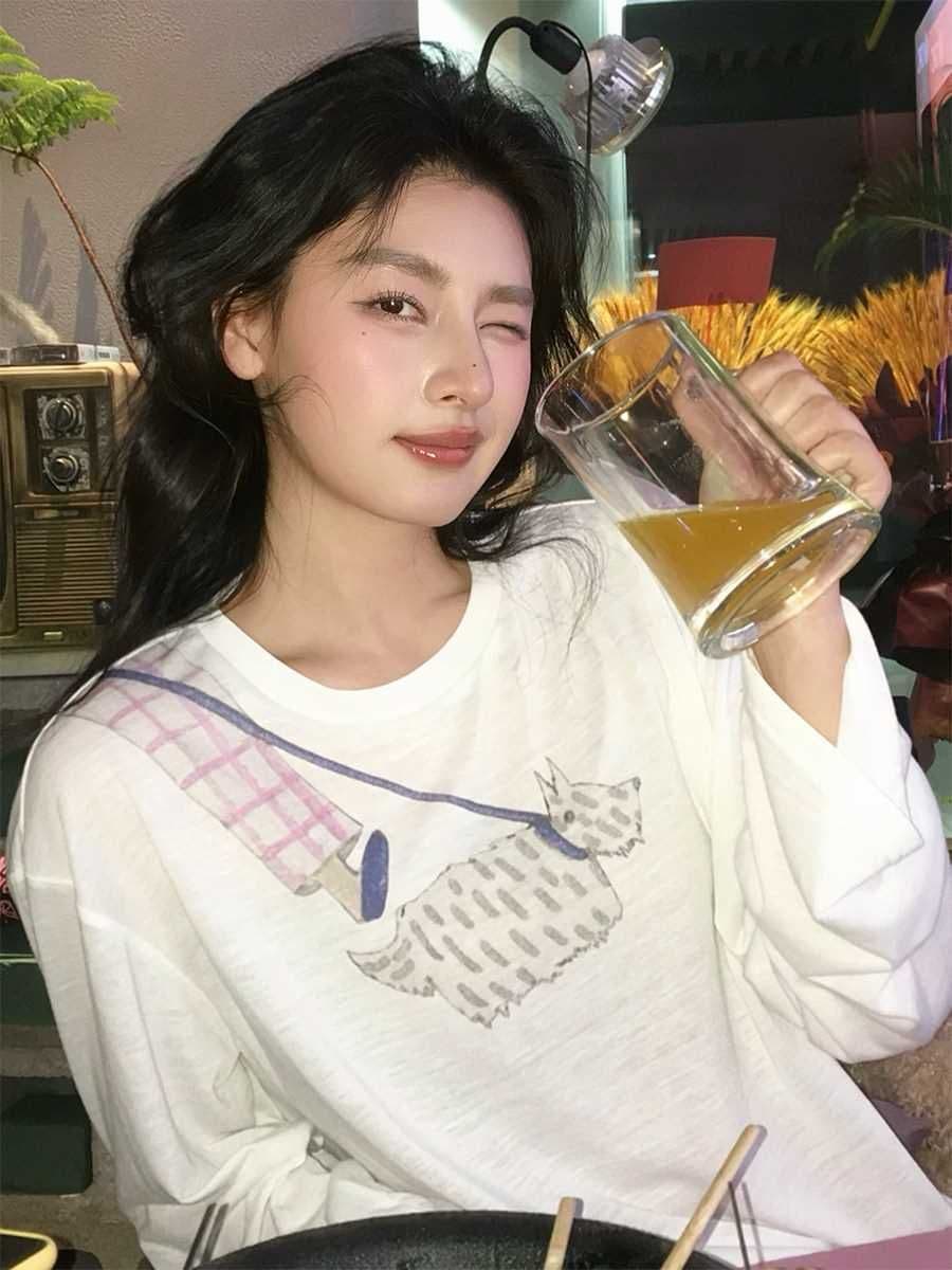 65 면 일러스트레이션 개 산책 재미있는 프린트 긴팔 자외선 차단 티셔츠 느긋한 다용도 마이크로 ~을 통해 루즈핏 캐주얼 맨위 상세 이미지 2