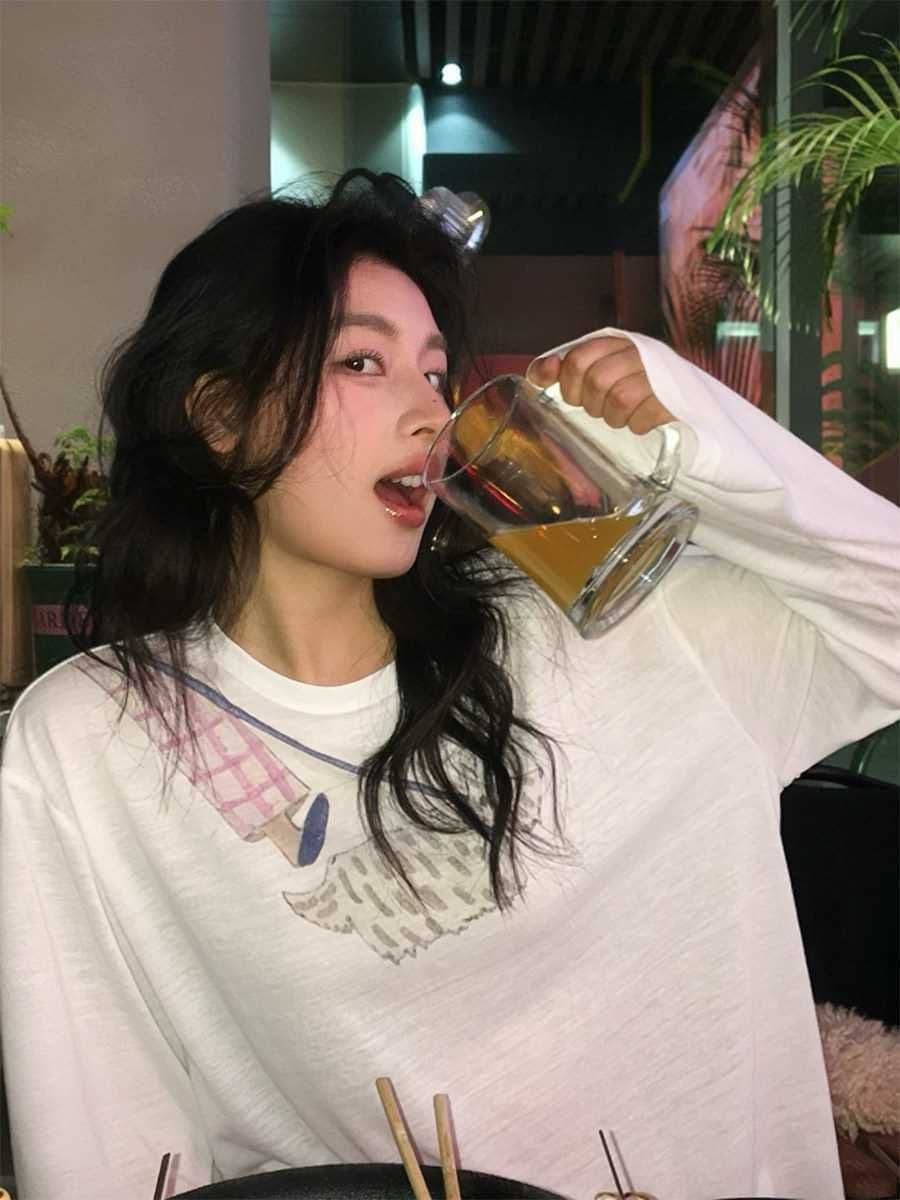 65 면 일러스트레이션 개 산책 재미있는 프린트 긴팔 자외선 차단 티셔츠 느긋한 다용도 마이크로 ~을 통해 루즈핏 캐주얼 맨위 상세 이미지 4