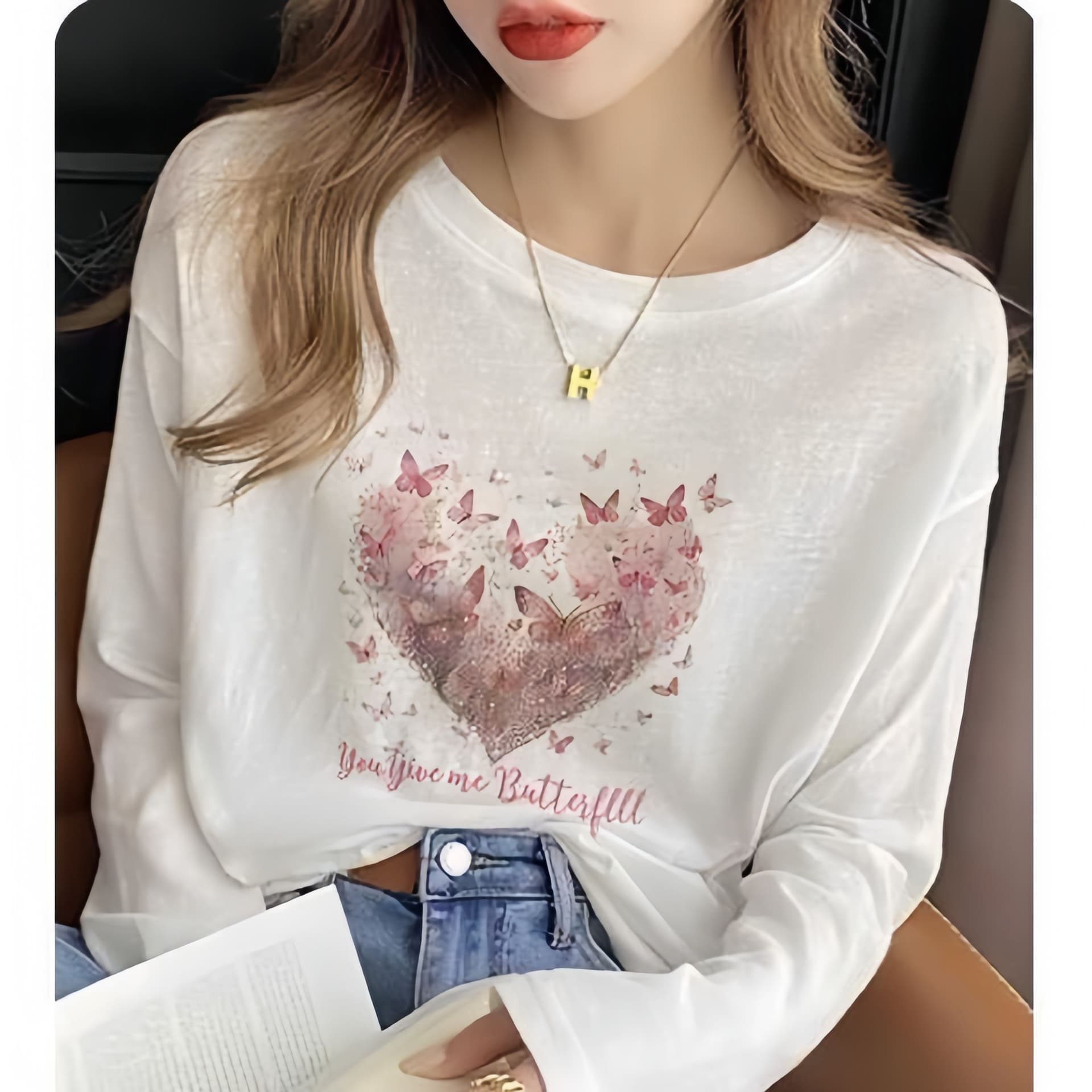 65 면 작은 대중 긍정적 인 어깨 눈꽃 면 긴팔 티셔츠 여성 2026 외국 가스 화이트 자외선 차단 의류 맨위 여름과 가을 상세 이미지 2