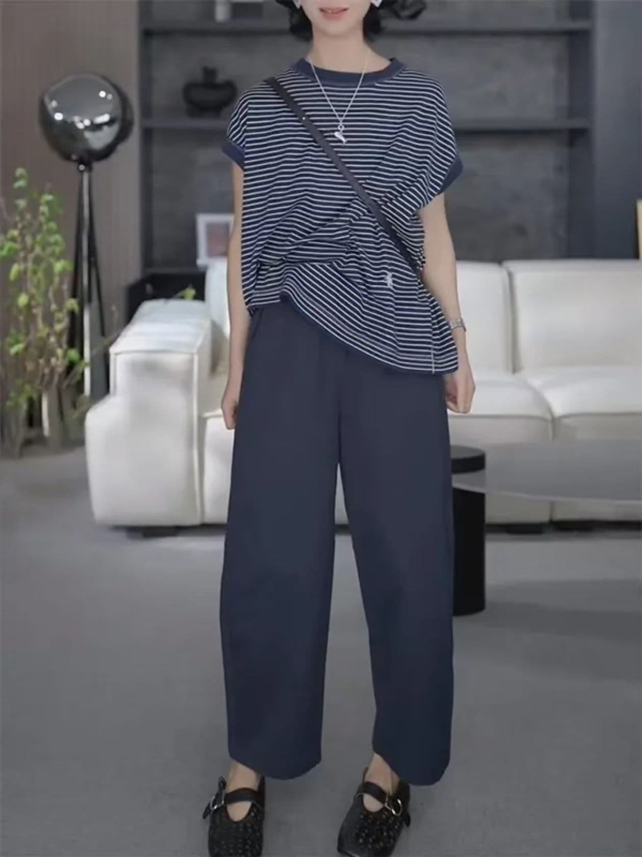상쾌 리브 천 2026 여름 새로운 루즈핏 품격 스트라이프 라운드 넥 반팔 티셔츠 여성 상세 이미지 15