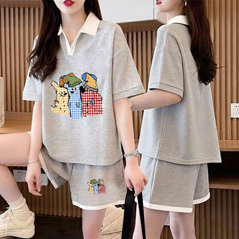 실사 순면 32 더블 실 230 크 2026 여름 POLO 칼라 반팔 티셔츠 반바지 여성 투피스 세트