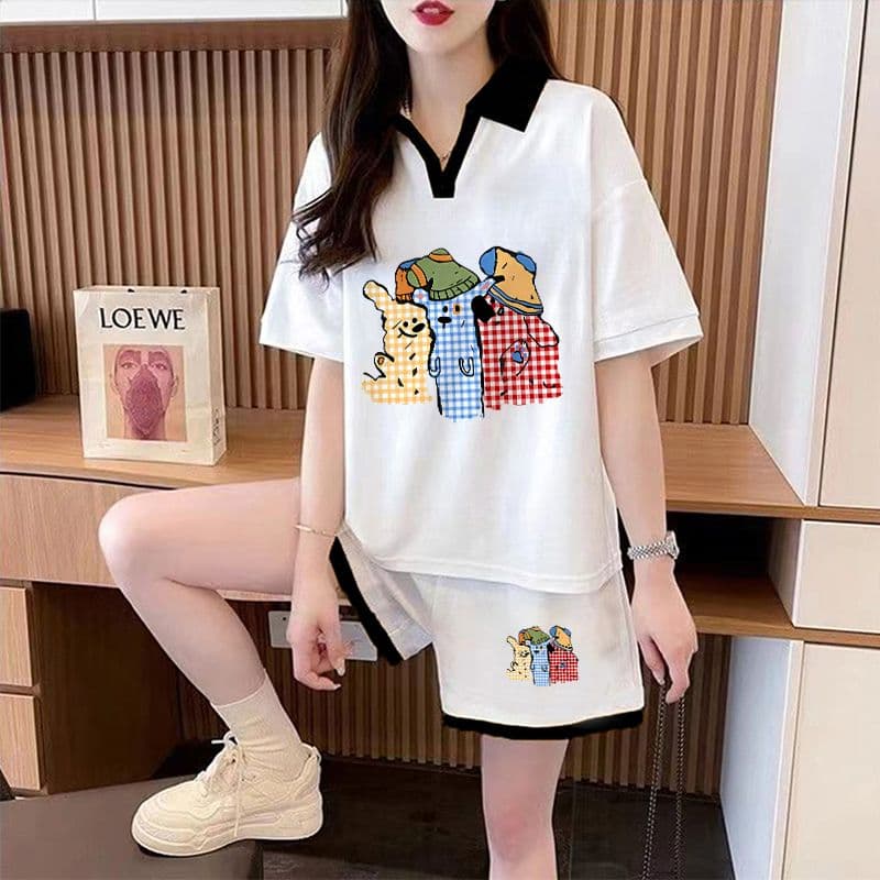 실사 순면 32 더블 실 230 크 2026 여름 POLO 칼라 반팔 티셔츠 반바지 여성 투피스 세트 이미지 5