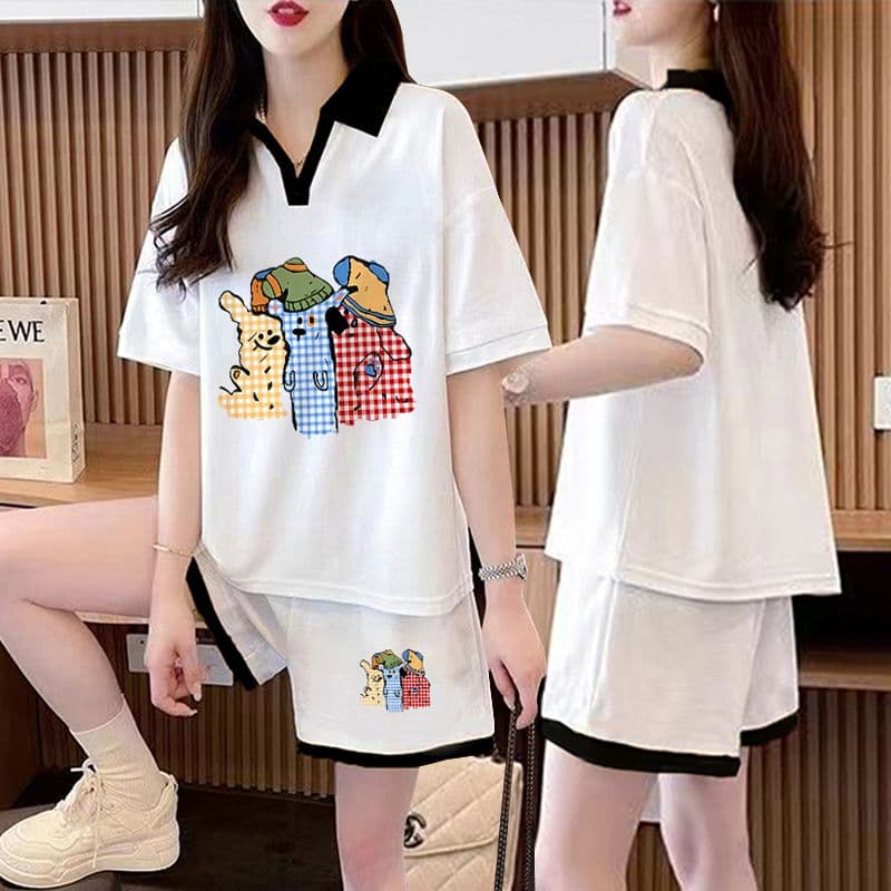 실사 순면 32 더블 실 230 크 2026 여름 POLO 칼라 반팔 티셔츠 반바지 여성 투피스 세트 이미지 2
