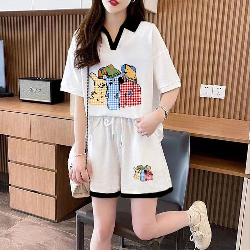 실사 순면 32 더블 실 230 크 2026 여름 POLO 칼라 반팔 티셔츠 반바지 여성 투피스 세트 상세 이미지 3