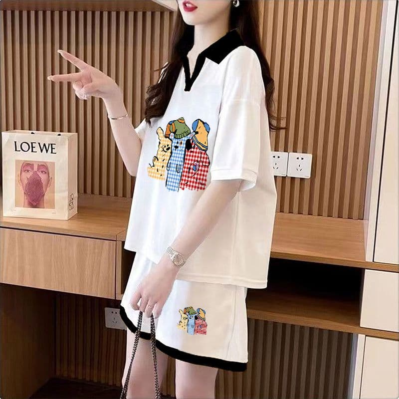 실사 순면 32 더블 실 230 크 2026 여름 POLO 칼라 반팔 티셔츠 반바지 여성 투피스 세트 상세 이미지 4