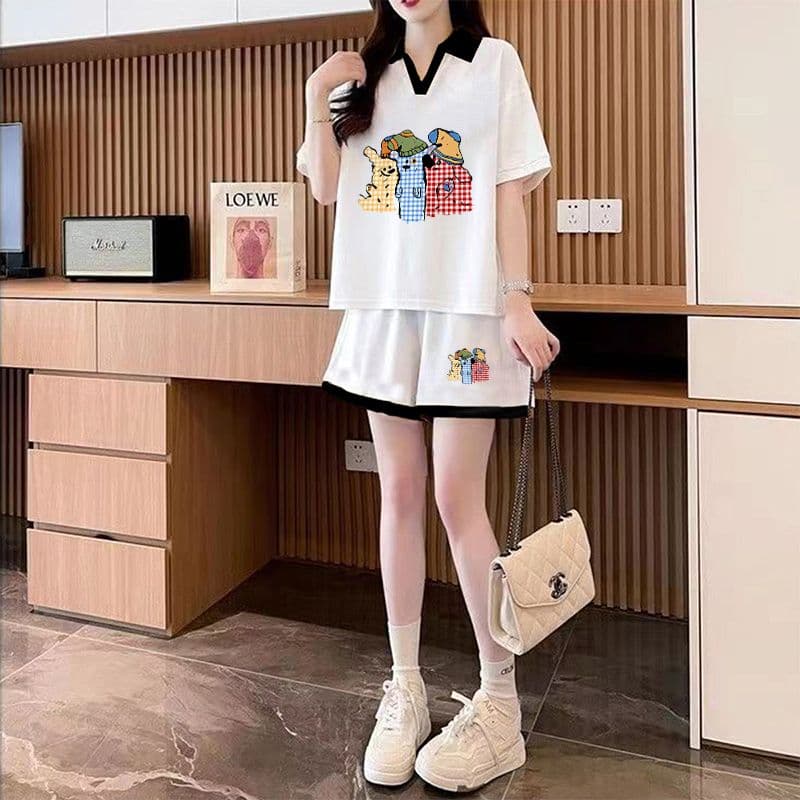 실사 순면 32 더블 실 230 크 2026 여름 POLO 칼라 반팔 티셔츠 반바지 여성 투피스 세트 상세 이미지 6