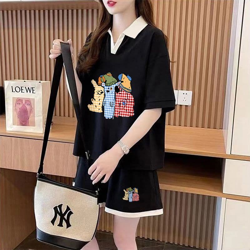 실사 순면 32 더블 실 230 크 2026 여름 POLO 칼라 반팔 티셔츠 반바지 여성 투피스 세트 상세 이미지 9