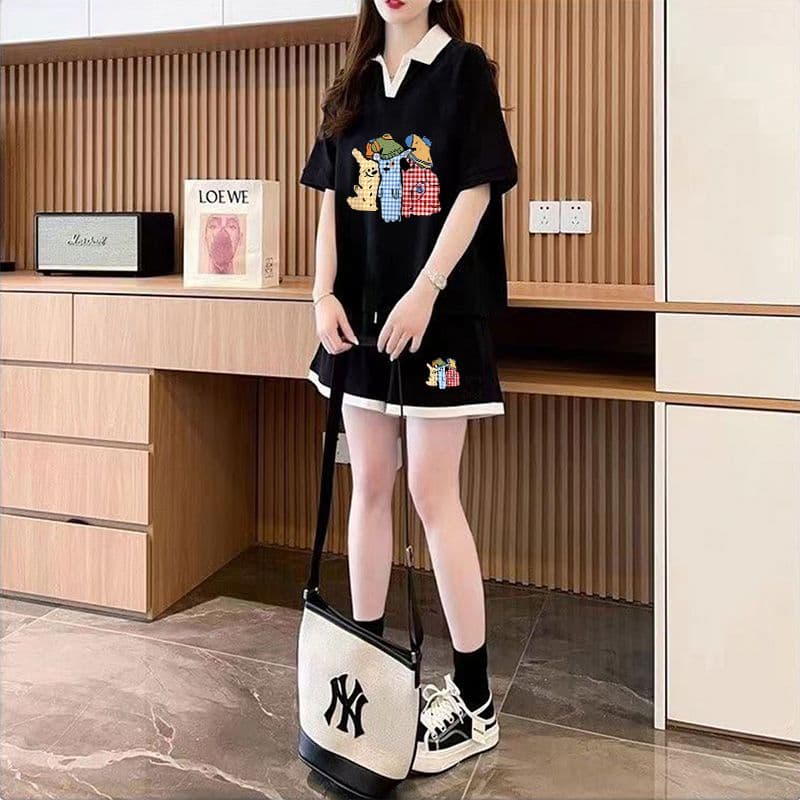 실사 순면 32 더블 실 230 크 2026 여름 POLO 칼라 반팔 티셔츠 반바지 여성 투피스 세트 상세 이미지 10