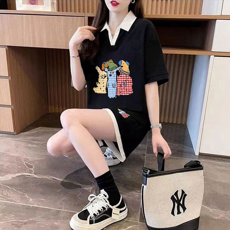 실사 순면 32 더블 실 230 크 2026 여름 POLO 칼라 반팔 티셔츠 반바지 여성 투피스 세트 상세 이미지 11