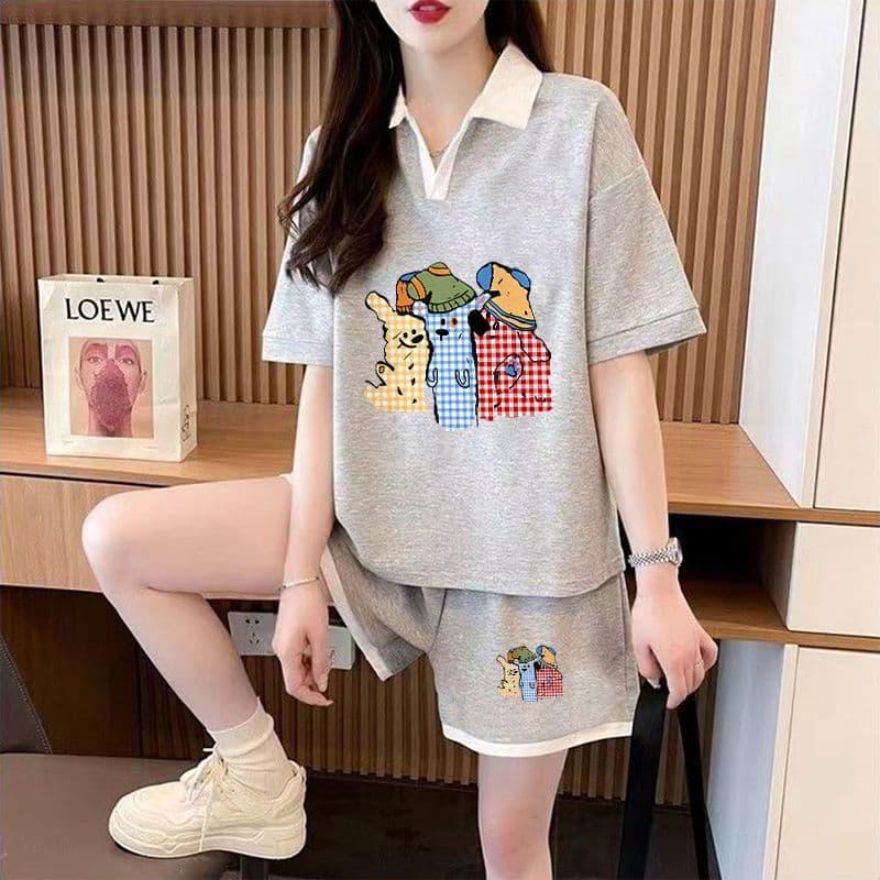 실사 순면 32 더블 실 230 크 2026 여름 POLO 칼라 반팔 티셔츠 반바지 여성 투피스 세트 상세 이미지 13