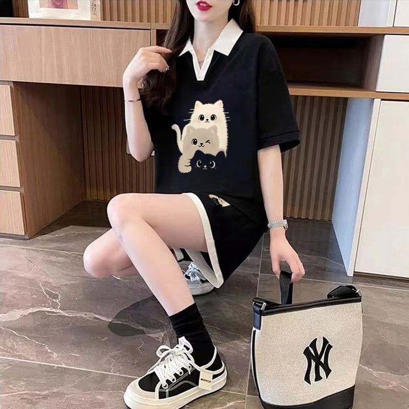 실사 순면 32 더블 실 230 크 2026 여름 POLO 칼라 반팔 티셔츠 반바지 여성 투피스 세트 상세 이미지 11
