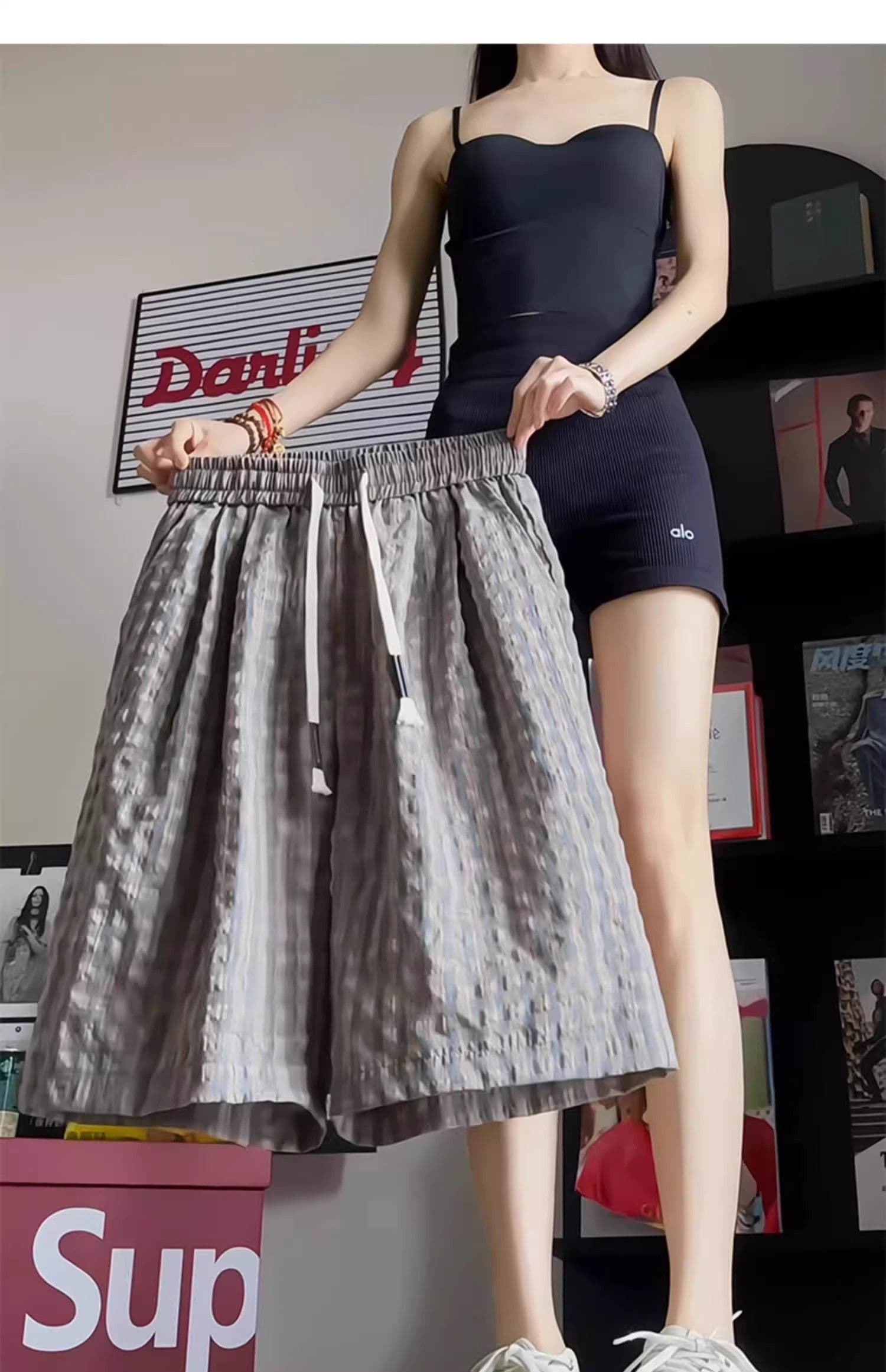 원본 3 차원 허리 Seersucker 운동 반바지 여름 얼음 실크 속도 건조한 체크무늬 오부 바지 아메리칸 캐주얼 바지 상세 이미지 2