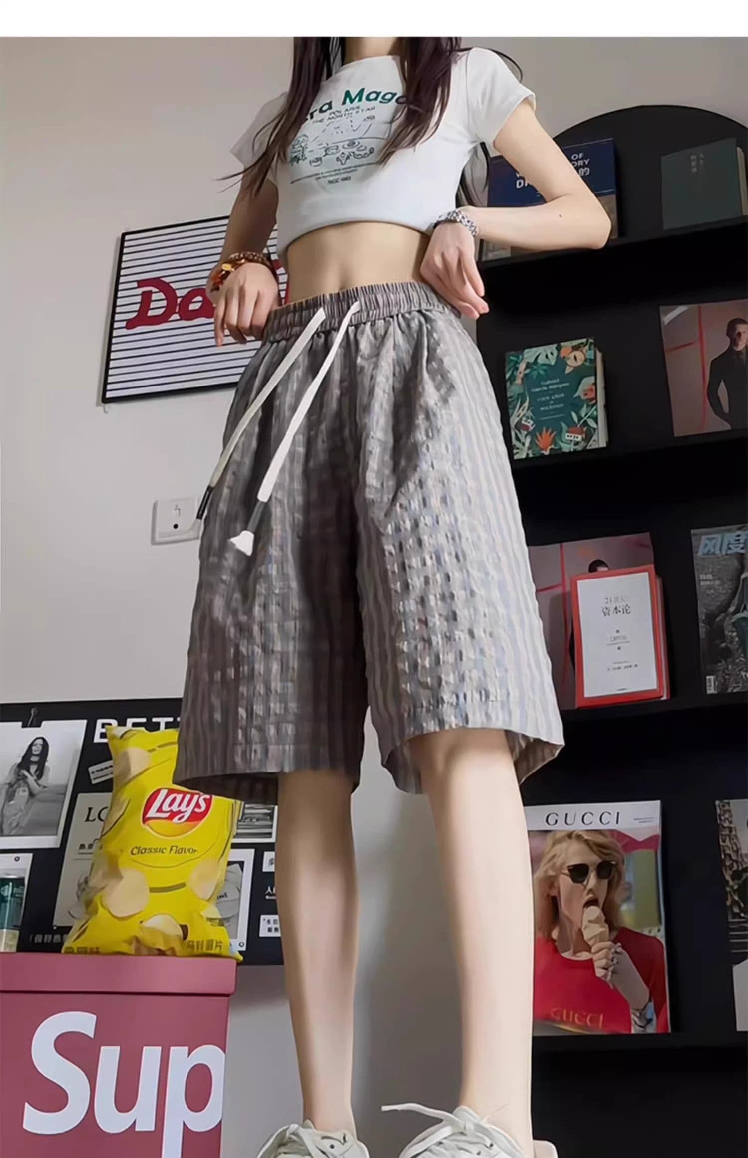 원본 3 차원 허리 Seersucker 운동 반바지 여름 얼음 실크 속도 건조한 체크무늬 오부 바지 아메리칸 캐주얼 바지 상세 이미지 4