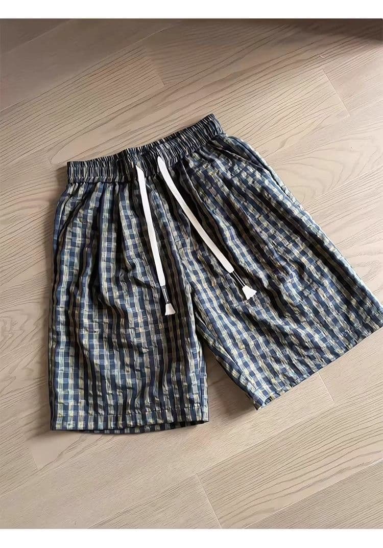 원본 3 차원 허리 Seersucker 운동 반바지 여름 얼음 실크 속도 건조한 체크무늬 오부 바지 아메리칸 캐주얼 바지 상세 이미지 16