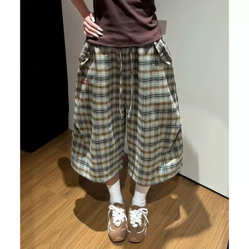 아메리칸 레트로 핫걸 체크무늬 7부 바지 여성 여름 루즈핏 느긋한 주름 다용도 넓은 다리 캐주얼 반바지 바지 이미지 3