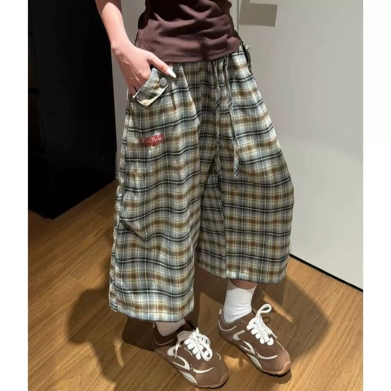 아메리칸 레트로 핫걸 체크무늬 7부 바지 여성 여름 루즈핏 느긋한 주름 다용도 넓은 다리 캐주얼 반바지 바지 상세 이미지 2