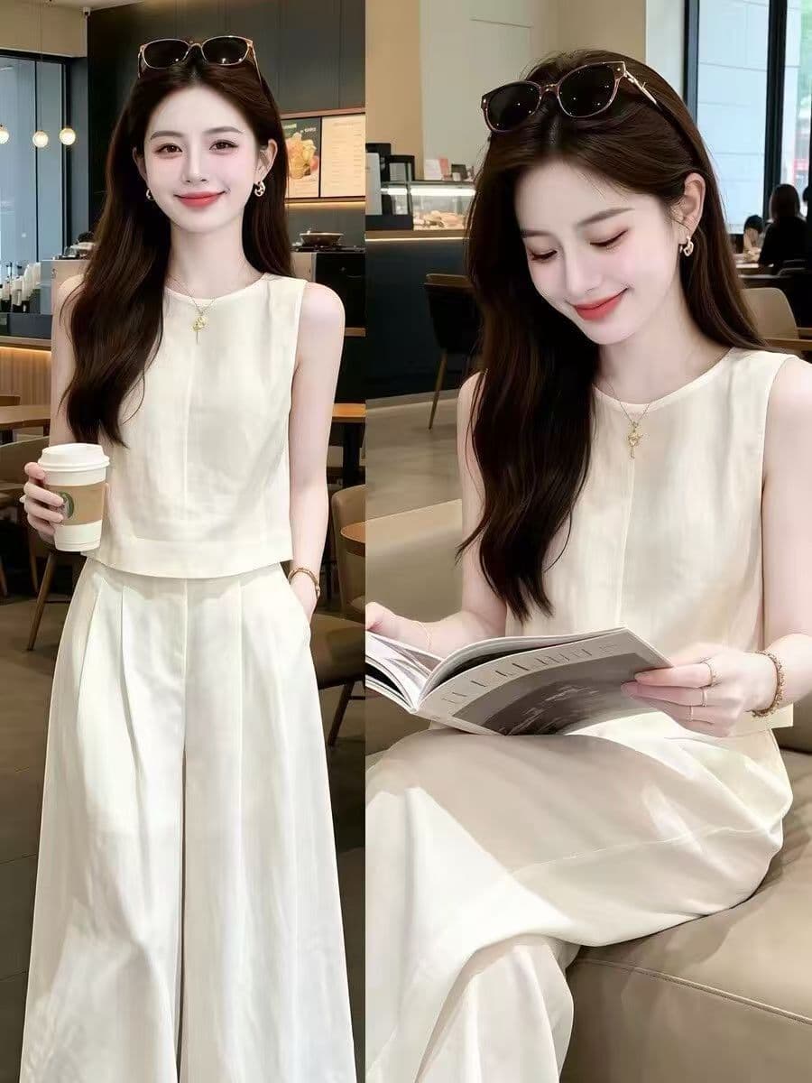 2026 여성 여름 자이언트 잘 생긴 전체 집합 슬림해 보이는 화이트 민소매 맨위 와이드 레그 팬츠 투피스 세트 이미지 4