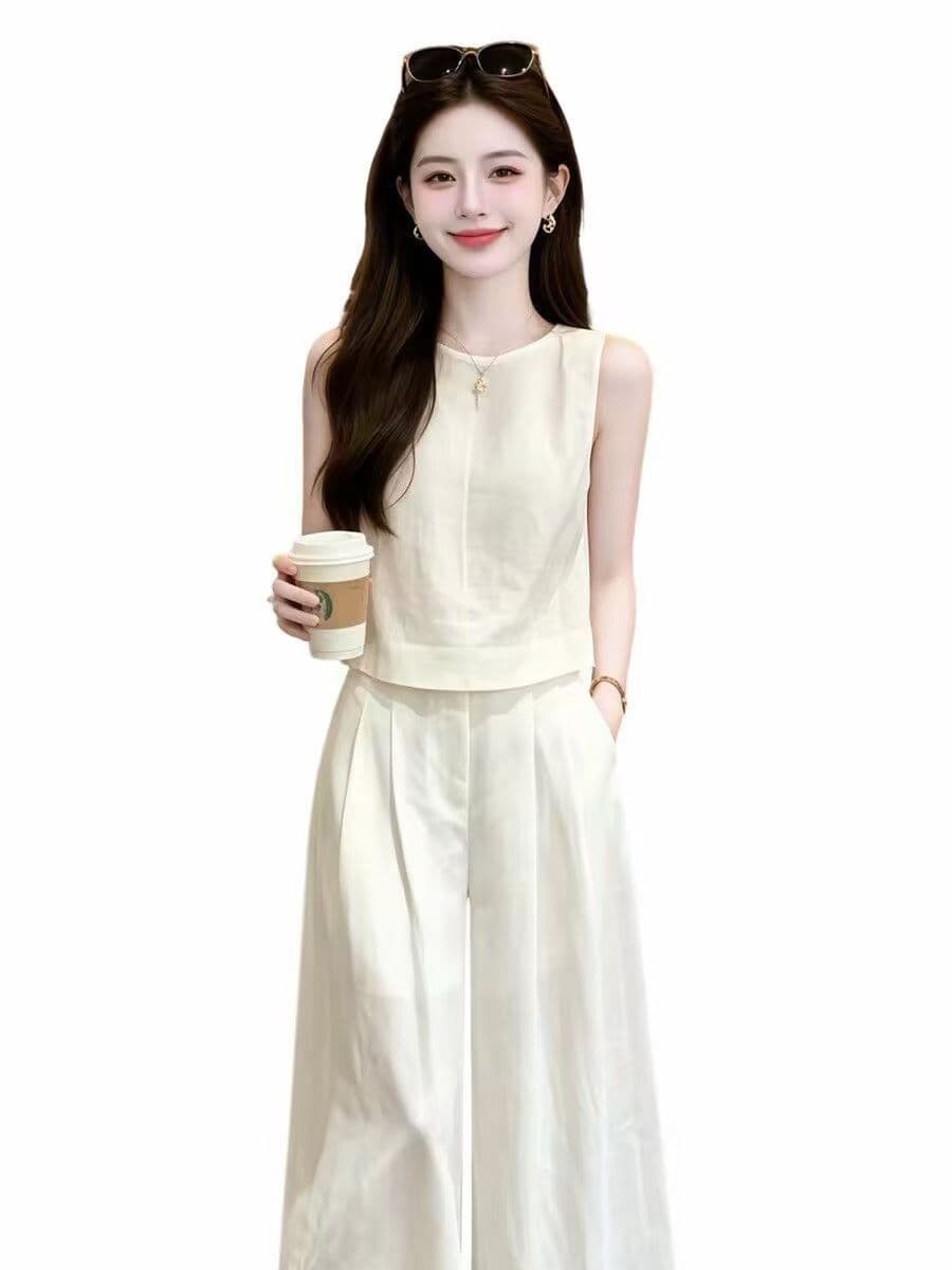 2026 여성 여름 자이언트 잘 생긴 전체 집합 슬림해 보이는 화이트 민소매 맨위 와이드 레그 팬츠 투피스 세트 상세 이미지 6