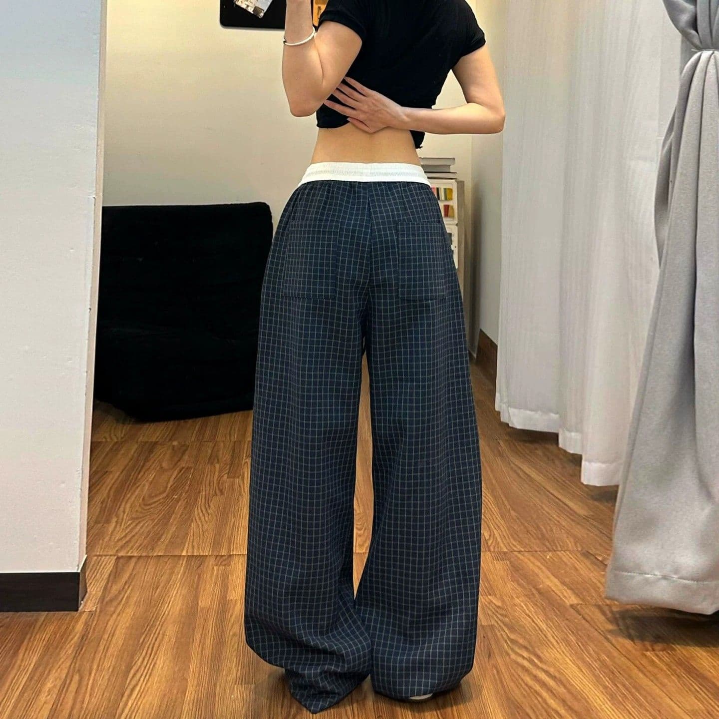 아메리칸 레트로 해군 체크무늬 바지 여성 여름 얇은 스타일 루즈핏 슬림해 보이는 스트레이트 느긋한 바람 아마 넓은 다리 캐주얼 바지 상세 이미지 6