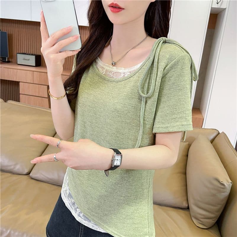 실사 에디션 페이크 레이어드 반팔 티셔츠 여성 2026 년 새로운 디 상마 면 패치워크 레이스 맨위