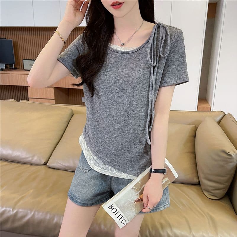 실사 에디션 페이크 레이어드 반팔 티셔츠 여성 2026 년 새로운 디 상마 면 패치워크 레이스 맨위 상세 이미지 3