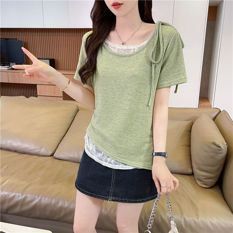 실사 에디션 페이크 레이어드 반팔 티셔츠 여성 2026 년 새로운 디 상마 면 패치워크 레이스 맨위 상세 이미지 9