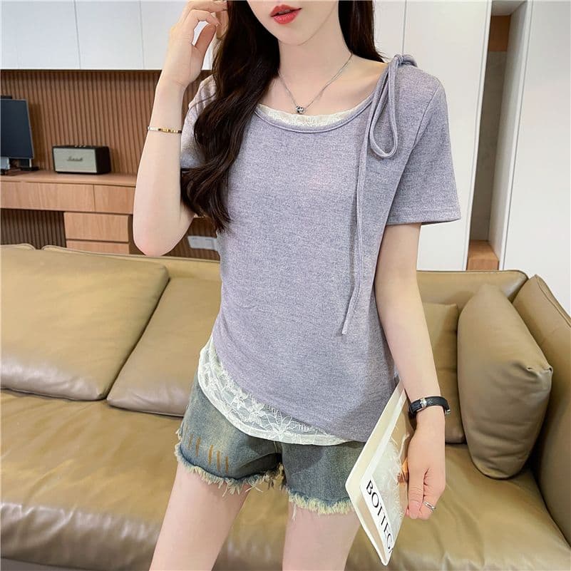 실사 에디션 페이크 레이어드 반팔 티셔츠 여성 2026 년 새로운 디 상마 면 패치워크 레이스 맨위 상세 이미지 13