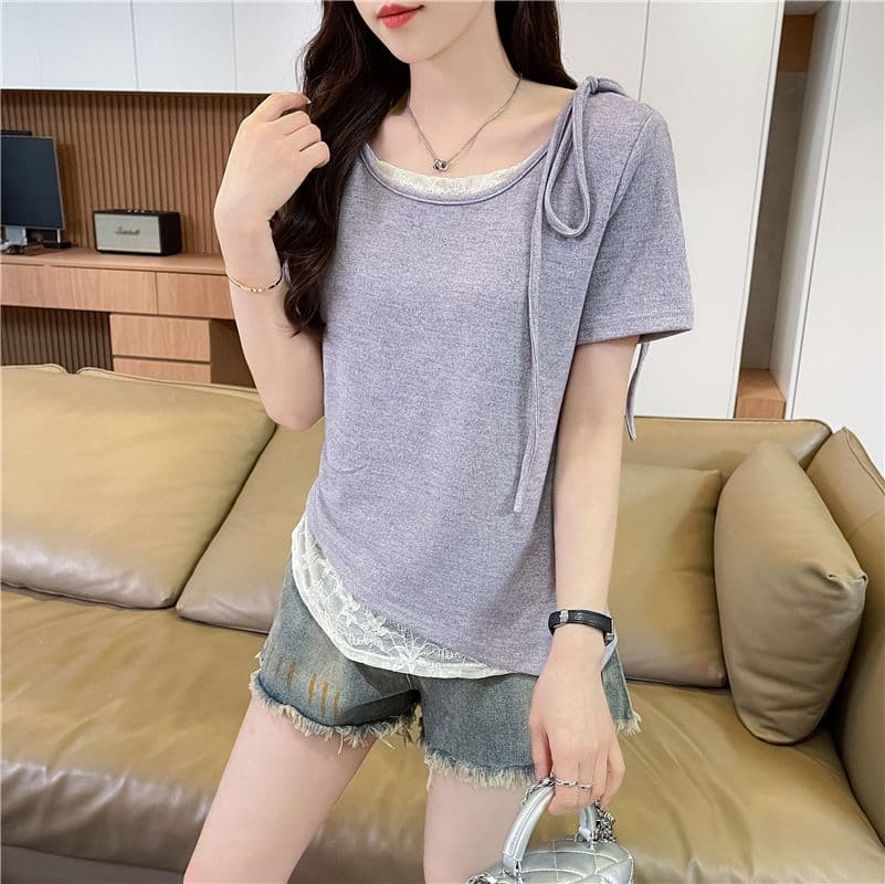 실사 에디션 페이크 레이어드 반팔 티셔츠 여성 2026 년 새로운 디 상마 면 패치워크 레이스 맨위 상세 이미지 15