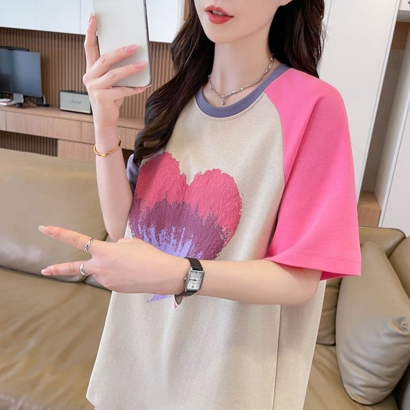 실사 한국 스타일 프린트 싸움 플러그 색상 반팔 티셔츠 여성 배색 장식 맨위 패션 트렌디 이미지 3