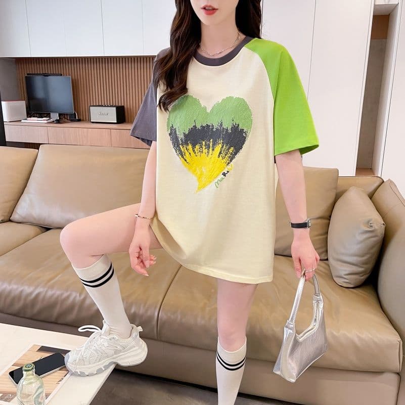 실사 한국 스타일 프린트 싸움 플러그 색상 반팔 티셔츠 여성 배색 장식 맨위 패션 트렌디 상세 이미지 8