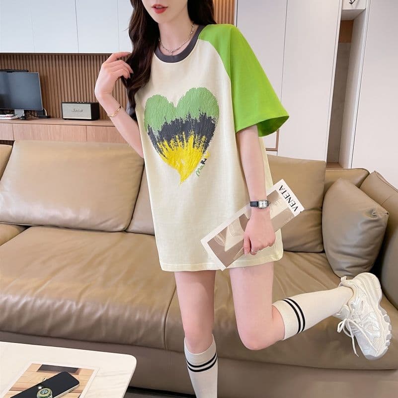실사 한국 스타일 프린트 싸움 플러그 색상 반팔 티셔츠 여성 배색 장식 맨위 패션 트렌디 상세 이미지 10