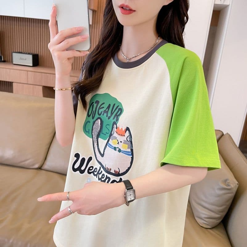 실사 한국 스타일 프린트 싸움 플러그 색상 반팔 티셔츠 여성 배색 장식 맨위 패션 트렌디 이미지 3
