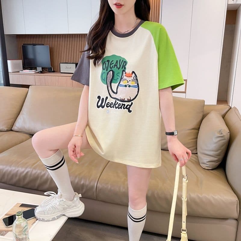 실사 한국 스타일 프린트 싸움 플러그 색상 반팔 티셔츠 여성 배색 장식 맨위 패션 트렌디 상세 이미지 3
