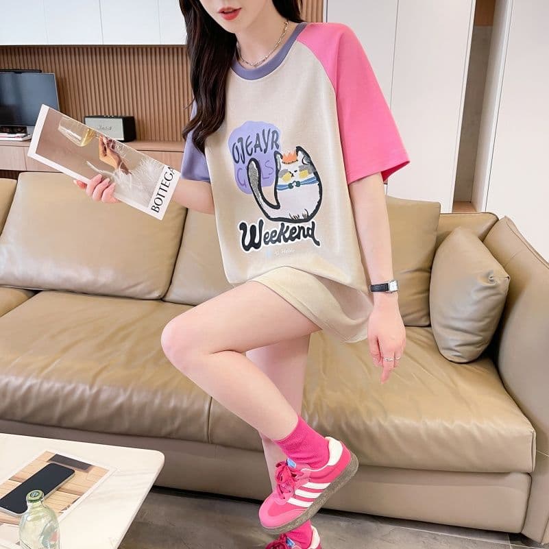 실사 한국 스타일 프린트 싸움 플러그 색상 반팔 티셔츠 여성 배색 장식 맨위 패션 트렌디 상세 이미지 10