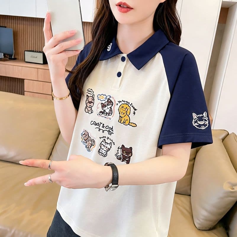 실사 한국 스타일 POLO 칼라 반팔 티셔츠 여성 2026 년 새로운 자수 싸움 플러그 색상 맨위 이미지 3