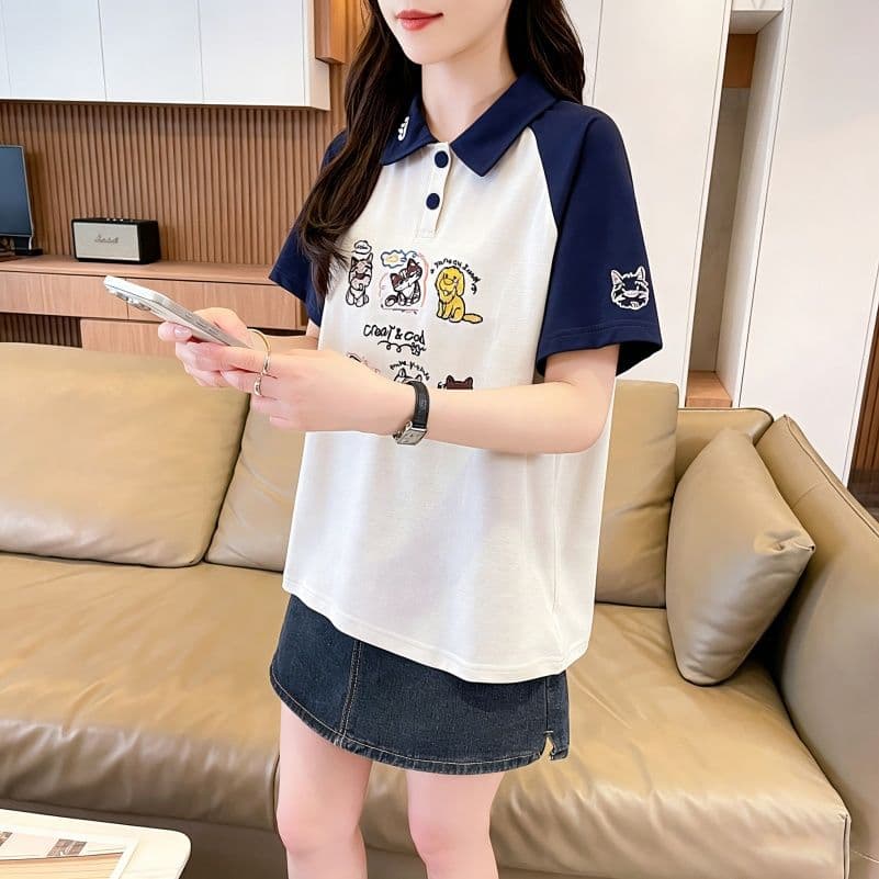 실사 한국 스타일 POLO 칼라 반팔 티셔츠 여성 2026 년 새로운 자수 싸움 플러그 색상 맨위 상세 이미지 3