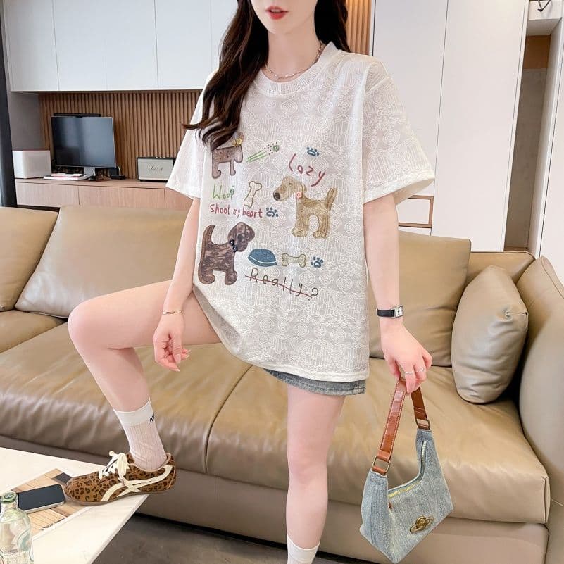 실사 라운드 넥 자카드 원단 반팔 티셔츠 여성 새로운 프린트 3 차원 장식 중간 길이 맨위 여성
