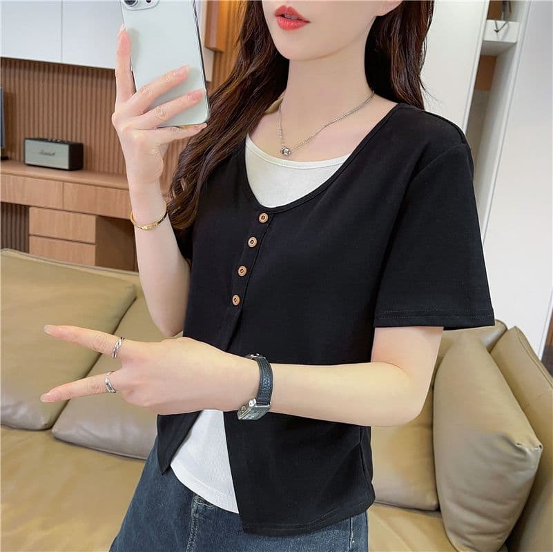 실사 한국 스타일 페이크 레이어드 반팔 티셔츠 여성 2026 년 새로운 디 상마 면 싸움 플러그 색상 맨위 상세 이미지 2