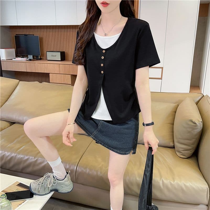 실사 한국 스타일 페이크 레이어드 반팔 티셔츠 여성 2026 년 새로운 디 상마 면 싸움 플러그 색상 맨위 상세 이미지 3