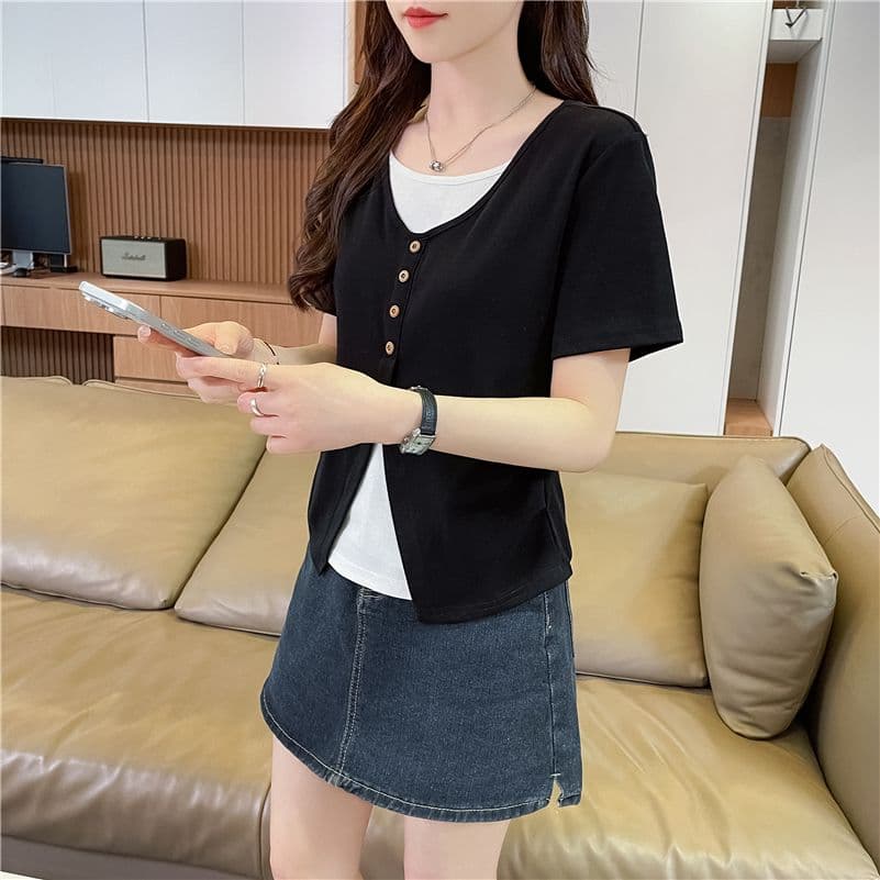 실사 한국 스타일 페이크 레이어드 반팔 티셔츠 여성 2026 년 새로운 디 상마 면 싸움 플러그 색상 맨위 상세 이미지 6