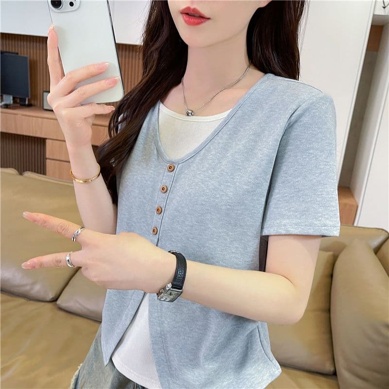 실사 한국 스타일 페이크 레이어드 반팔 티셔츠 여성 2026 년 새로운 디 상마 면 싸움 플러그 색상 맨위 상세 이미지 12