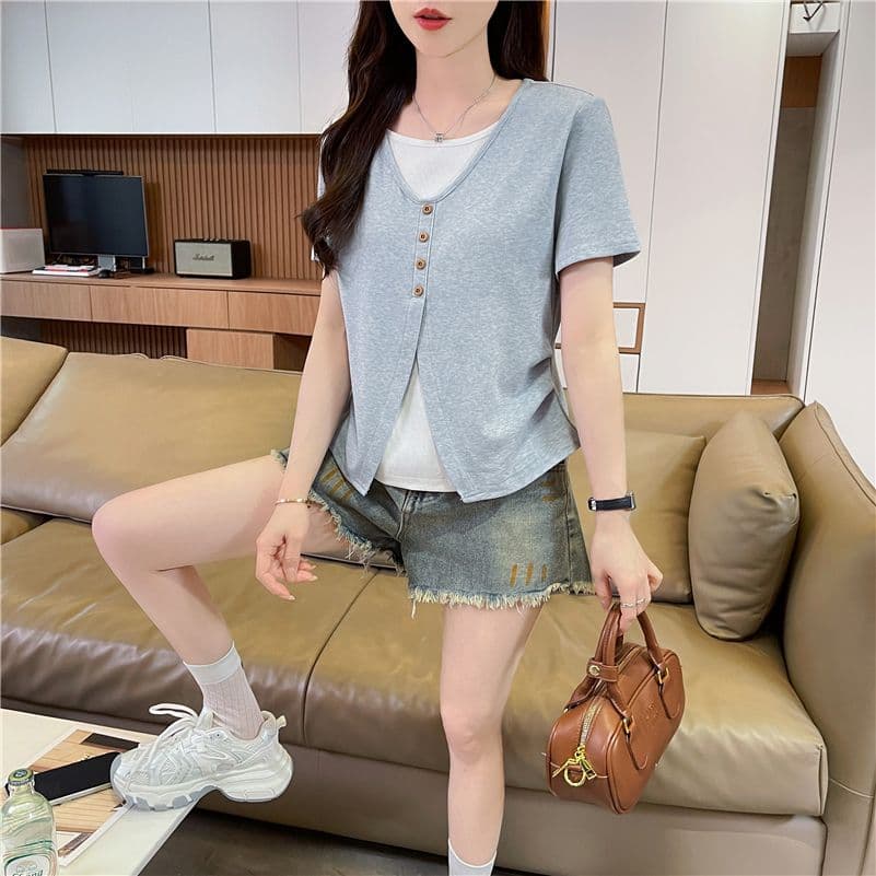 실사 한국 스타일 페이크 레이어드 반팔 티셔츠 여성 2026 년 새로운 디 상마 면 싸움 플러그 색상 맨위 상세 이미지 13