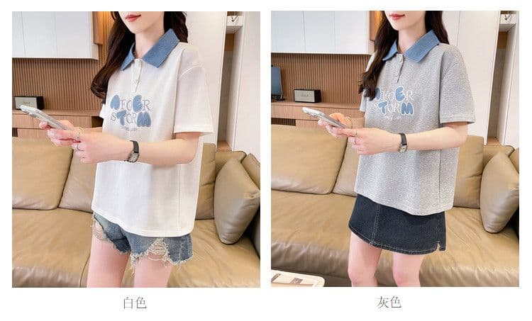 실사 180g 남자 바 면 반팔 티셔츠 여성 여름 얇은 스타일 데님 패치워크 POLO 칼라 루즈핏 작은 키 맨위 상세 이미지 4
