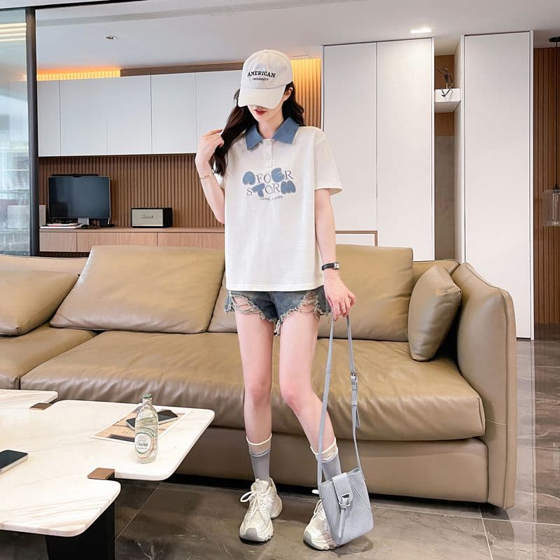 실사 180g 남자 바 면 반팔 티셔츠 여성 여름 얇은 스타일 데님 패치워크 POLO 칼라 루즈핏 작은 키 맨위 상세 이미지 5