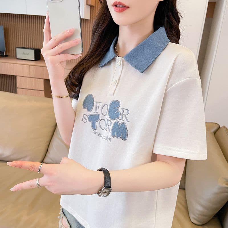 실사 180g 남자 바 면 반팔 티셔츠 여성 여름 얇은 스타일 데님 패치워크 POLO 칼라 루즈핏 작은 키 맨위 상세 이미지 10
