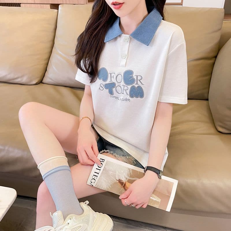 실사 180g 남자 바 면 반팔 티셔츠 여성 여름 얇은 스타일 데님 패치워크 POLO 칼라 루즈핏 작은 키 맨위 상세 이미지 12