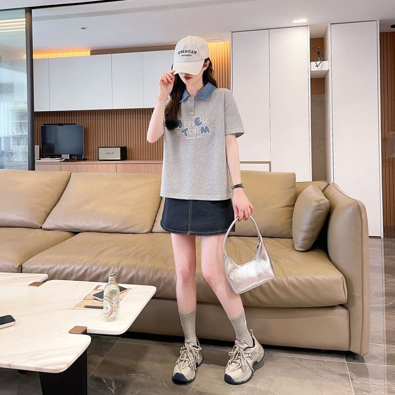 실사 180g 남자 바 면 반팔 티셔츠 여성 여름 얇은 스타일 데님 패치워크 POLO 칼라 루즈핏 작은 키 맨위 상세 이미지 13
