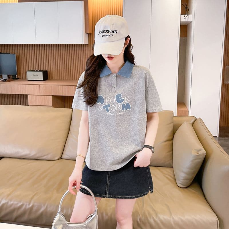 실사 180g 남자 바 면 반팔 티셔츠 여성 여름 얇은 스타일 데님 패치워크 POLO 칼라 루즈핏 작은 키 맨위 상세 이미지 14